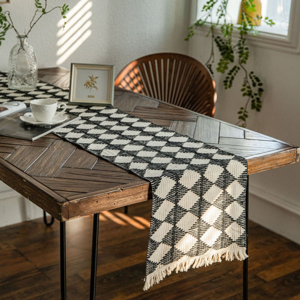 Woven Diamond Contrast Tassel Table Runner Collection -- Delicors