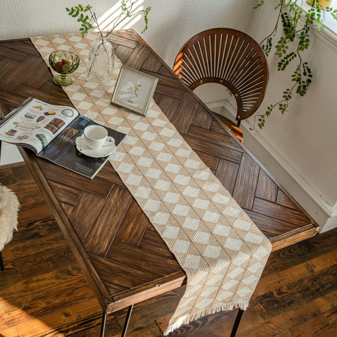 Woven Diamond Contrast Tassel Table Runner Collection -- Delicors