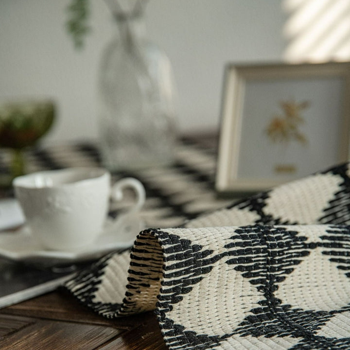 Woven Diamond Contrast Tassel Table Runner Collection -- Delicors